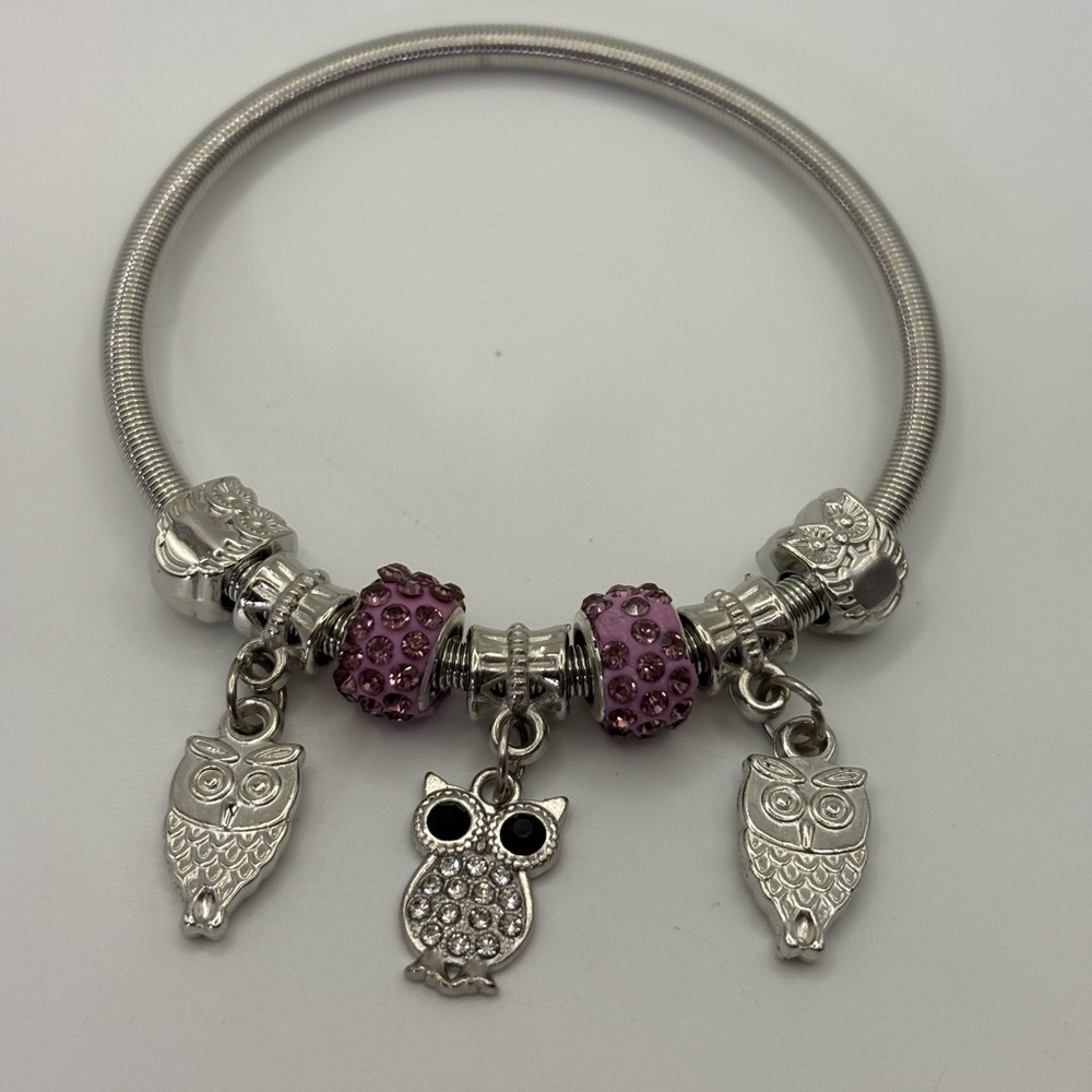Owl Bangle Charm Bracelet Silver tone